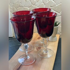 VINTAGE | Set of 4 | Ruby Red Glass Clear Stem Water Goblets